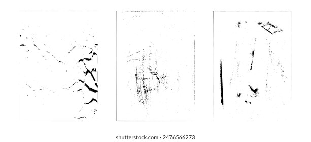Grobes Grunge-Papier-Set. Gealterte Fotokopie-Textur-Overlay-Kollektion. Klassische abgenutzte zerkratzte zerknitterte Hintergrund. Schmutz körnig Distressed Bildschirmhintergrund Poster, Vinylabdeckung, Rahmen, Banner. Vektorgrafik