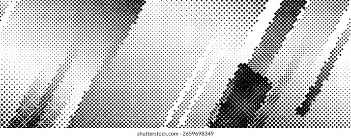 Textura de semitono de rasguño grunge áspero. Angustia de fondo de pintura sucia. Fondo de Vector ragged Scuff. Dañar la superposición de píxeles de falla diagonal. Fondo de pantalla punteado para el Anuncio, cartel, revista, folleto