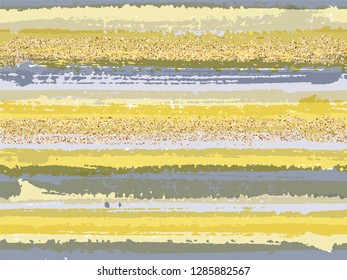Rough grunge texture brush stroke stripes with gold glitter sparkles vector seamless pattern background. Golden sparkles glittering shiny confetti over ink lines pattern. Fabric print.