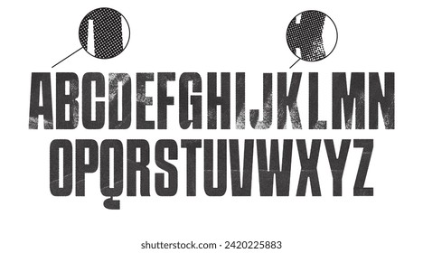 Rough Halftone font bold Condensed Font in all uppercase. Individually textured characters with a halftone texture. 