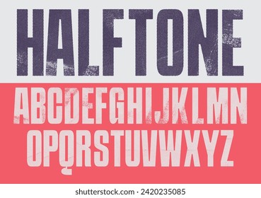 Rough Halftone font bold Condensed Font in all uppercase. Individually textured characters with a halftone texture. Bright colours