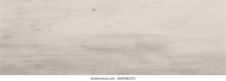 Rough halftone grunge backdrop with beige brown overlay texture. Horizontal vector banner print.
