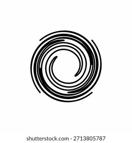 Um motivo em espiral preto, áspero e desenhado à mão, que se assemelha a um vórtice ou impressão digital sobre um fundo branco.