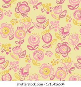Rough hand drawn brush stroke abstract folk-style flowers seamless pattern for background, fabric, textile, wrap, surface, web and print design. Yellow and pink cute decorative floral vector tile