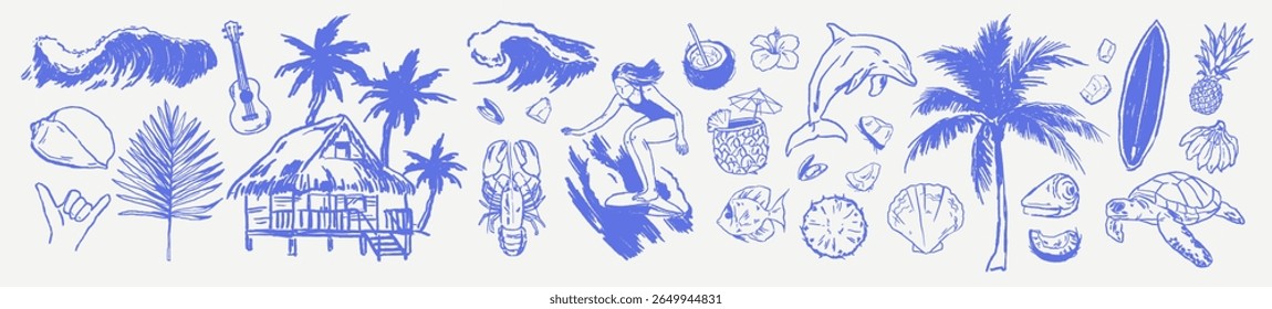 Rough hand drawn chalk doodles of tropical summer. Palm trees, ocean waves, surfer, tiki hut, fruit, cocktails. Vector elements for vacation branding, island graphics, retro surf culture.
