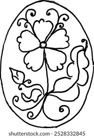 Rough hand drawn sketch of an abstract flower with leaves in an oval frame.