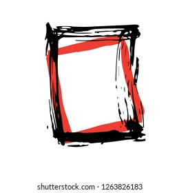 Rough Hand Drawn Square Black and Red Isolated Frame. Paintbrush Border, Vector Doodles Element. Scribble Shape for Messages and Dialogues