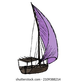 Rough hand-drawn color drawing of the fishing sailing wooden boat with a purple sail. Simple vector doodle isolated on transparent background