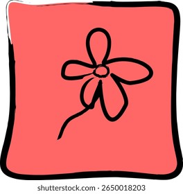 Rough Handdrawn Flower Shape Icon inside Red Square Background Element
