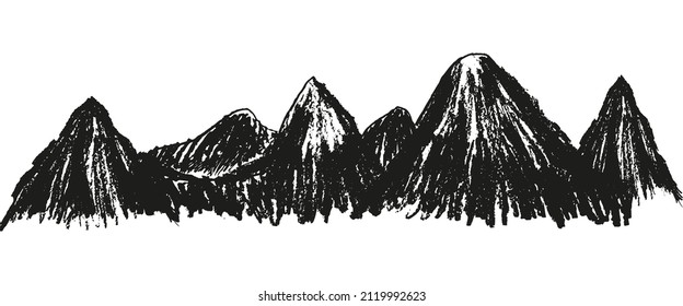 Rough, hand-drawn hatching mountain range doodle. Vector black and white sketch isolated on transparent background
