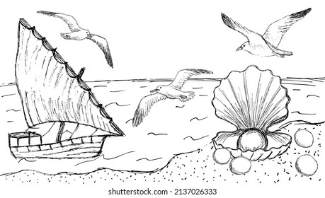 Rough hand-drawn sea coast sketch with ship, seagulls and pearl shell on sand. Seascape simple vector black and white illustration with copy space