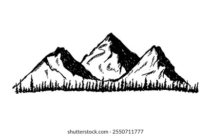 Rough hand-drawn shading of three mountains with pine trees on them.