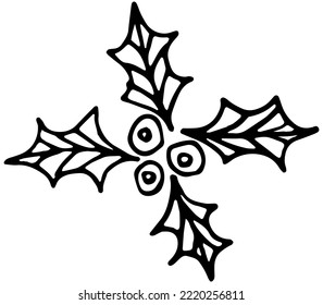 Rough hand-drawn simple outline black and white icon of holly leaves and berries. Winter holiday vector doodle isolated on transparent background. Illustration for kids coloring page