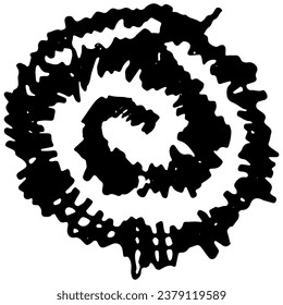 Rough hand-drawn spiral. Round curved line with strokes. Monochrome grunge design element. Abstract vector black doodle isolated on transparent background
