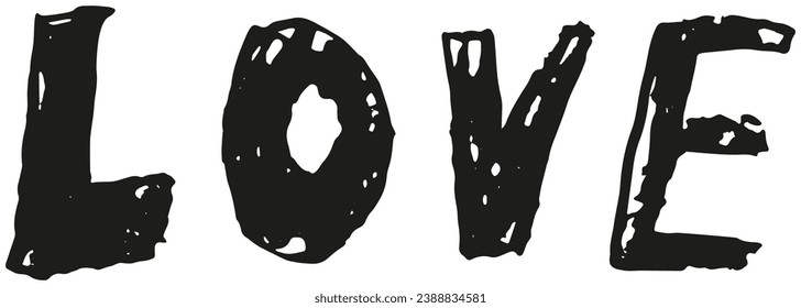 Rough hand-drawn word Love. Black vector doodle - text isolated on transparent background. Vintage child-like design element