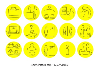 Rough handwritten icon set: vector illustration of changing room, toilet, etc.
Yellow on black