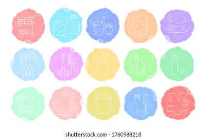 Rough handwritten watercolor style icon set: shopping and eating vector illustration
colorful