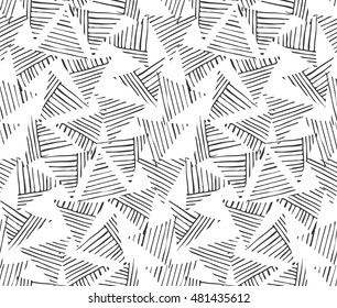 Rough hatched triangles black on white.Hand drawn with ink seamless background.Rough texture created with hatched geometrical shapes.