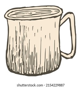 Rough hatching vintage drawing of an aluminum mug with a drink. Simple flat brown freehand vector doodle isolated on transparent background