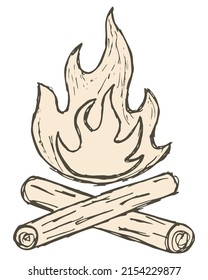 Rough hatching vintage drawing of the burning firewood. Simple flat brown freehand vector doodle isolated on transparent background