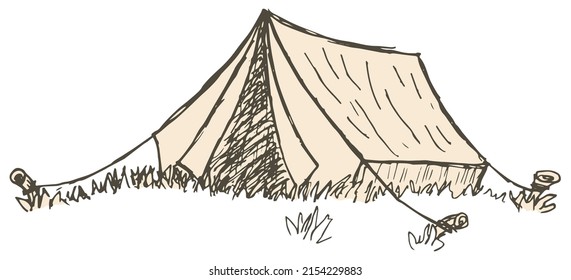 Rough Hatching Vintage Drawing Of The Camping Tent Among The Grass. Simple Flat Brown Freehand Vector Doodle Isolated On Transparent Background