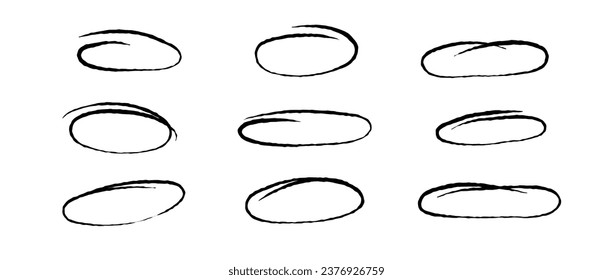 Rough highlight circles set. Doodle and scribble ellipses collection. Grunge hand drawn ovals or bubbles to emphasis. Sketchy marker round elements for collage, poster, banner, cover. Vector pack