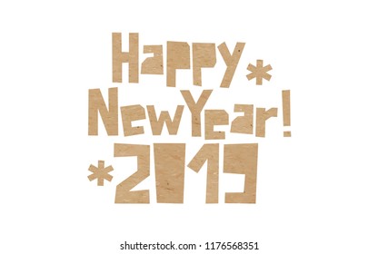 Rough incription Happy New Year 2019 and snowflakes cut out of craft paper. Cardboard snow and letter stickers. Vector carton winter holidays decoration on white background