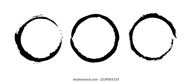 Rough ink brush circle style grunge vector illustration isolated on transparent background. Set of black paint brush stroke borders.