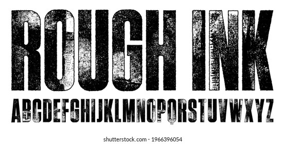 Rough Ink Condensed Font. Detailed individually textured characters with a rough inked letterpress print texture. Unique design font