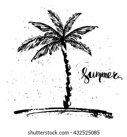 Rough ink drawing sketch of tropical palm tree on grunge background with lettering.