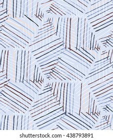 Rough inked hexagons on blue.Hand drawn with ink seamless background.Hatched design. Abstract hand hatched fabric.