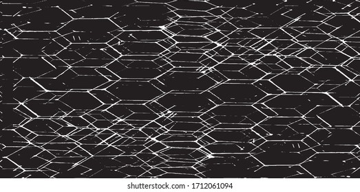 Textura rígida e irregular compuesta de elementos geométricos monocromos. Superponer fondo de fondo angustiado. Ilustración abstracta vectorial. Aislado sobre fondo blanco. EPS10