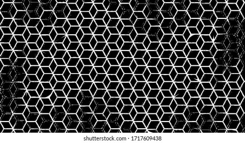 Textura rígida e irregular compuesta de elementos geométricos monocromos. Superponer fondo de fondo angustiado. Ilustración abstracta vectorial. Aislado sobre fondo blanco. EPS10