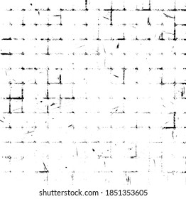 Rough, irregular texture composed of monochrome geometric elements. Overlay distressed grunge background. Abstract vector illustration. Isolated on white background. EPS10