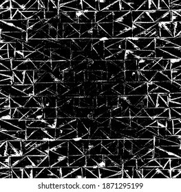 Rough, irregular texture composed of monochrome geometric elements. Overlay distressed grunge background. Abstract vector illustration. Isolated on white background. EPS10