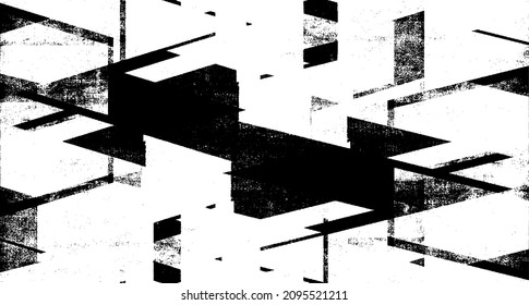 Rough, irregular texture composed of monochrome geometric elements. Overlay distressed grunge background. Abstract vector illustration. Isolated on white background. EPS10