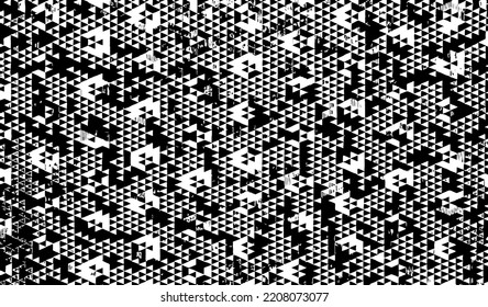 Textura rígida e irregular compuesta de elementos geométricos monocromos. Superponer el fondo gris angustiado. Ilustración del vector abstracto. Aislado sobre fondo blanco. EPS10