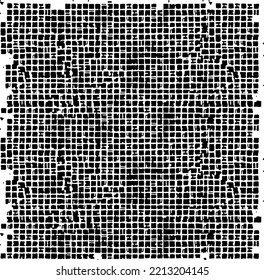 Textura rígida e irregular compuesta de elementos geométricos monocromos. Superponer el fondo gris angustiado. Ilustración del vector abstracto. Aislado sobre fondo blanco. EPS10