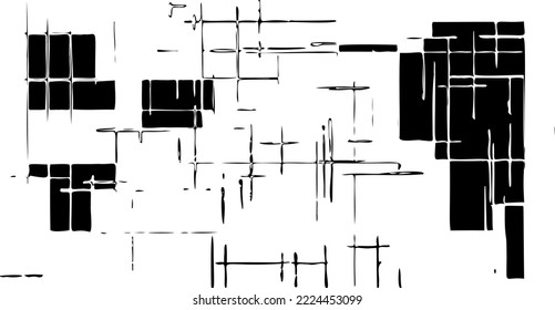 Rough, irregular texture composed of monochrome geometric elements. Overlay distressed grunge background. Abstract vector illustration. Isolated on white background. EPS10