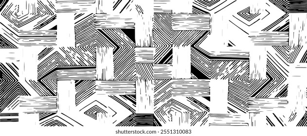 Textura rugosa e irregular compuesta por Elementos geométricos monocromáticos. Superponer fondo grunge afligido. Ilustración vectorial Abstractas. Aislado sobre fondo blanco. EPS10