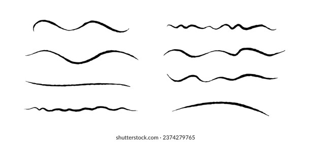 Rough jagged lines set. Grunge wavy brush strokes collection. Black underlines textured curved pen strips. Hand drawn imitation elements for banner, banner, decoration. Doodle waves. Vector pack