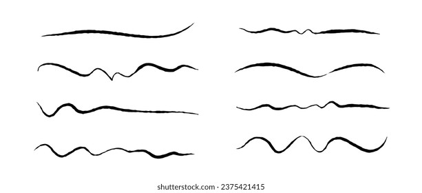 Rough jagged lines set. Grunge wavy brush strokes collection. Black underlines textured curved pen squiggles. Hand drawn imitation elements for banner, banner, decoration. Doodle waves. Vector pack