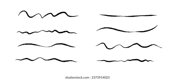 Rough jagged lines set. Grunge wavy brush strokes collection. Black underlines textured curved pen squiggles. Hand drawn imitation elements for banner, banner, decoration. Doodle uneven waves. Vector