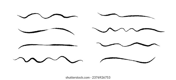 Rough jagged lines set. Grunge wavy brush strokes collection. Black underlines textured curved waves. Hand drawn imitation elements for banner, banner, decoration. Doodle uneven wiggles. Vector pack
