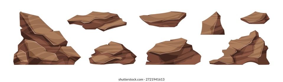 Conjunto de piedras ásperas y dentadas. colección de dibujos animados aislados de Vector de rocas de grafito. Sustancias sólidas y naturales. Gravas de escombros de bloques de escombros de varias Formas, granito guijarros