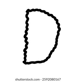 Rough letter d of latin english language. Black font symbol in hand drawn doodle style. Vector illustration isolated on white background. For presentation, logo, branding, font, education.