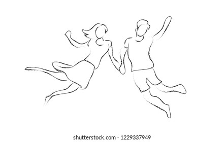  rough line drawing of happy young couple jumping. vector illustration.