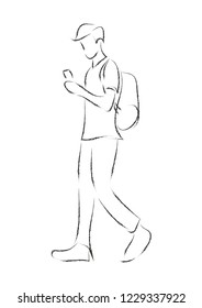 rough line drawing of man walking with a phone. vector illustration.