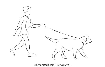  rough line drawing of man walking exercise with dog. vector illustration.