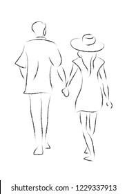 rough line drawing of young couple walking together. vector illustration.